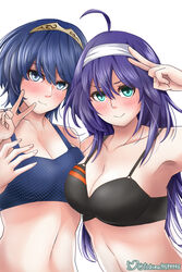 2girls :> ahoge alternate_costume arm_around_neck armpits arms_around_neck bare_midriff bare_shoulders bikini black_bikini black_swimsuit blue_bikini blue_eyes blue_hair blue_swimsuit blush cleavage collarbone female_only fire_emblem fire_emblem:_path_of_radiance fire_emblem:_radiant_dawn fire_emblem_awakening fire_emblem_heroes green_eyes hairband long_hair looking_at_viewer lucina_(fire_emblem) lucina_(summer)_(fire_emblem) marth_(fire_emblem_awakening) medium_breasts mia_(fire_emblem) mia_(summer)_(fire_emblem) nintendo peace_sign purple_hair short_hair shy shy_smile simple_background smile smug swimsuit tiara toshimasa v white_background