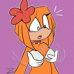 blue_eyes bra breast_grab breasts collar duo eyelashes fingers flower_in_hair gloves hair looking_down silverzure sonic_(series) spiked_collar spikes tikal_the_echidna