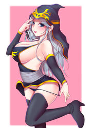 ashe_(league_of_legends) black_panties blue_eyes blush breasts heels large_breasts league_of_legends minidress panties panty_pull popoman sideboob silver_hair standing tagme thighhighs tongue tongue_out