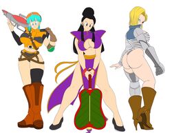 3girls alternate_costume android_18 ass bansho_fan blaster boots bulma_briefs bulma_briefs_(frieza_saga) chichi china_dress cyborg dragon_ball dragon_ball_z female female_only gynoid high_heel_boots high_heels multiple_girls nala1588 robotic_arm robotic_leg shounen_jump tagme thick_thighs wide_hips