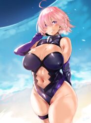 1girls 2019 absurdres artist_name artist_signature ass blush bodysuit breasts english_text erect_nipples_under_clothes fate/grand_order fate_(series) female hero_neisan high_resolution highres japanese_text large_ass large_breasts mash_kyrielight partially_visible_vulva purple_eyes purple_gloves shielder signature sky smile text