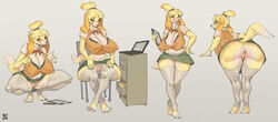 animal_crossing anthro anus ass bent_over big_breasts big_butt blush breasts canid canine canis claws cleavage clipboard clothed clothing computer crouching domestic_dog female fur genitals green_eyes grey_background hair half-closed_eyes hand_on_hip hand_on_leg hands_on_legs holding_clipboard holding_object isabelle_(animal_crossing) leggings legwear looking_at_viewer looking_back looking_down mammal narrowed_eyes nintendo nipple_outline pen pose pussy reptilian_orbit shih_tzu simple_background sitting smile solo standing stockings teeth thick_thighs tongue tongue_out toy_dog video_games wide_hips yellow_body yellow_fur