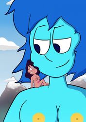 2019 blue_eyes blue_hair blue_skin brown_hair cartoon_network digital_media_(artwork) e350 gem_(species) giantess hi_res high_resolution highres lapis_lazuli_(steven_universe) looking_at_another micro nude pink_eyes size_difference smile steven_universe stevonnie