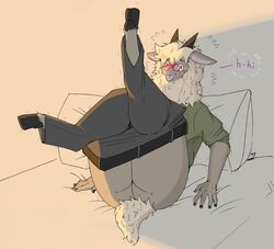 absurd_res anthro ass bed blush bovid caprine clothed clothing dewi_(securipun) furniture furry hi_res lying male male_only mammal nervous open_mouth partially_clothed securipun sheep solo text undressing