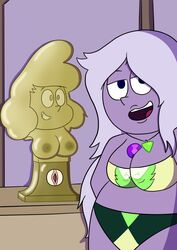 2019 3girls amethyst_(steven_universe) amputation bikini bikini_bottom bikini_top blush closed_eyes clothing_transformation digital_media_(artwork) e350 gem gold gold_(metal) gold_statue green_skin hi_res high_resolution highres inanimate_transformation jewelry looking_at_viewer multiple_girls necklace not_furry not_furry_focus open_mouth peridot_(steven_universe) petrification purple_hair purple_skin pussy sadie_miller smile steven_universe vagina vulva