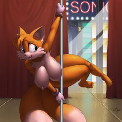 1:1 2017 5_toes anthro areola barefoot big_breasts biped blue_eyes breasts canid canine clothing curvy_figure dancing dipstick_tail feet female fox fur gloves handwear hanging_breasts humanoid_feet kevinsano mammal mobian_(species) mtf_crossgender multicolored_tail navel nipples open_mouth orange_body orange_fur plantigrade pole pole_dancing raised_arm ribbons rule_63 sega slightly_chubby solo sonic_(series) sonic_the_hedgehog_(series) tails tailsko toes voluptuous