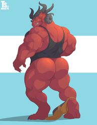 absurd_res animal_humanoid anthro ass ass_focus ass_view back_muscles bara bara_ass biceps big_ass big_ass_(male) big_butt bottomless bubble_ass bubble_butt clothed clothing dragon fat_ass fat_butt hi_res horn huge_ass huge_butt humanoid large_ass large_butt looking_at_viewer looking_back male male_only massive_ass massive_butt muscle_ass muscle_butt muscular muscular_anthro muscular_ass muscular_butt muscular_male plump_ass plump_butt rear_view red_body round_ass round_butt scalie shirt simple_background solo standing tank_top topwear tylerstark underwear underwear_around_one_leg