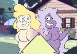 2019 3girls alien_girl amethyst_(steven_universe) blonde_hair blue_eyes conjoined digital_media_(artwork) e350 female female_focus female_only green_eyes green_hair green_skin hi_res high_resolution highres human looking_at_another merging multiple_girls not_furry not_furry_focus nude peridot_(steven_universe) purple_hair purple_skin sadie_miller smile steven_universe threesome transformation