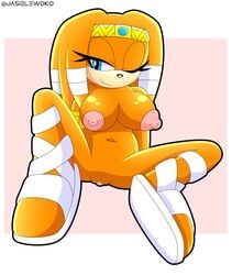 anthro breasts crown echidna eyelashes female flip_flops hair half-closed_eyes jasielewdko jasienorko mammal navel nipples one_eye_closed orange_body orange_hair pussy sandals sitting smile solo sonic_(series) tan_body tiara tikal_the_echidna wink