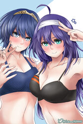 2girls :> ahoge alternate_costume arm_around_neck armpits arms_around_neck bare_midriff bare_shoulders bikini black_bikini black_swimsuit blue_bikini blue_eyes blue_hair blue_swimsuit blush cleavage collarbone female_only fire_emblem fire_emblem:_path_of_radiance fire_emblem:_radiant_dawn fire_emblem_awakening fire_emblem_heroes green_eyes hairband long_hair looking_at_viewer lucina_(fire_emblem) lucina_(summer)_(fire_emblem) marth_(fire_emblem_awakening) medium_breasts mia_(fire_emblem) mia_(summer)_(fire_emblem) nintendo peace_sign purple_hair short_hair shy shy_smile simple_background smile smug swimsuit tiara toshimasa v