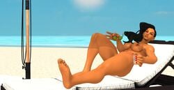 1girls 3d alcohol asymmetrical_hair barefoot beach beach_chair black_hair brazilian brazilian_female breasts dark-skinned_female dark_skin drink eyewear_removed feet female female_only glass large_breasts laura_matsuda long_hair looking_at_viewer muscular_female navel nilbog3d nipples nude nude_beach reclining solo street_fighter street_fighter_v sunglasses sunglasses_removed tan_skin