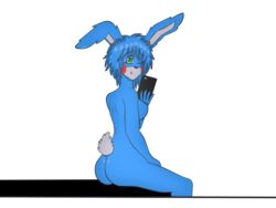 ass blue_hair blue_skin bunny_ears bunny_girl bunny_tail edited five_nights_at_freddy's five_nights_at_freddy's_2 five_nights_in_anime fnialover84 green_eyes mobile_phone nude nude_female scottgames selfie sitting solo tongue tongue_out toy_bonnie_(fnaf)