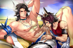 2boys abs animal_ears arknights arm_behind_head armpit_peek bare_pecs beach brown_eyes brown_hair bunny_ears censored courier_(arknights) cow_boy cow_ears cow_horns day earrings gay highres horns imminent_fellatio jewelry male_focus male_only male_swimwear matterhorn_(arknights) matterhorn_(beach_guard)_(arknights) medium_hair mosaic_censoring multiple_boys muscular muscular_male navel nipples outdoors pectorals penis pmoazi precum rabbit_boy red_tank_top seductive_smile serok smile spread_legs swim_trunks swimwear tank_top thighs tooth_necklace yaoi