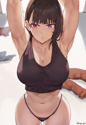 1girls 2d abdomen armpits arms_above_head belly big_breasts black_hair breasts busty clothes_on_floor cutesexyrobutts_(style) enen_no_shouboutai female female_focus female_only fire_force g-string long_hair looking_at_viewer mouth_closed muscular muscular_female navel orange_pants oze_maki purple_eyes serious shexyo solo thick_thighs thong toned_female topwear white_floor white_skin