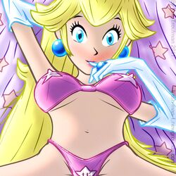 1girls bikini blonde_hair blue_eyes female mario_(series) nintendo pink_bikini princess_peach solo thetrashman