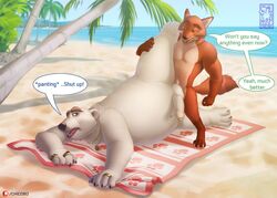 2boys anal anal_sex anthro balls beach beach_towel belly big_belly big_penis black_nose blue_eyes canid canine chicobo claws countershading day dialogue disney duo eyebrows fangs fluffy fluffy_tail foreskin fox fur gay genitals green_eyes holding_leg jewelry koslov_(zootopia) leaf leg_glider_position looking_at_another looking_back looking_down lying male male/male male_only male_penetrated male_penetrating male_penetrating_male mammal mature_male muscular navel necklace nick_wilde nude open_mouth outside overweight overweight_male palm_tree pecs penetration penis plant polar_bear raised_eyebrows raised_leg red_body red_fur ring sand seaside sex size_difference sky small_dom_big_sub speech_bubble standing text tongue tree uncut ursid ursine vein veiny_penis water watermark white_body white_fur yaoi zootopia