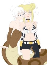 2girls blonde_hair blue_eyes cleavage clothing coils cow_girl cow_print fairy_tail female_only lamia lisanna_strauss lucy_heartfilia mind_control naga plsgts snake_girl white_eyes white_hair yuri