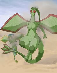 alternate_color anthro areolae belly_button big_breasts female flygon j5furry nipples pokemon pokemon_(species) shiny_flygon shiny_pokemon tail thick_thighs wings