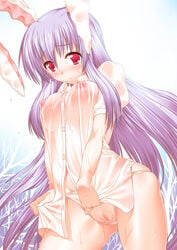 1girls animal_ear blush bottomless breasts bunny_ear buxk cameltoe erect_nipples female highres huge_breasts long_hair necktie nipples no_pants panties purple_hair red_eyes reisen_udongein_inaba see-through shirt solo suzume_inui touhou underwear wet wet_panties white_shirt