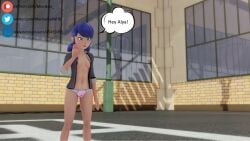 1girls blue_eyes blue_hair exposed female female_only forgot_pants marinette_cheng marinette_dupain-cheng miraculous miraculous_ladybug no_pants open_shirt small_breasts solo text