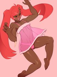 1boy 1femboy blush blushing combos-n-doodles crossdressing dark-skinned_femboy dark-skinned_male dark_skin doom femboy feminine_male girly imp-tan imp_(doom) lingerie lipstick male male_only otoko_no_ko panty_bulge penis_bulge pink_nightgown pink_panties pout red_hair solo solo_male tagme testicle_bulge transparent_clothing trap twintails
