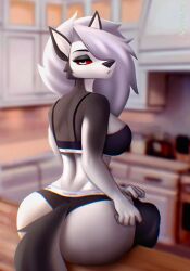 aozee big_ass big_butt bikini bikini_top black_panties canine dinner goth_girl hellhound helluva_boss kitchen lingerie looking_at_viewer looking_back loona_(helluva_boss) panties pinup tease thick_ass thick_thighs voluptuous white_eyes white_hair wolf wolf_ears wolf_girl wolf_tail