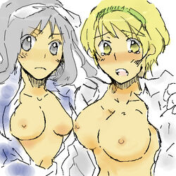 axis_powers_hetalia belarus_(hetalia) blonde_hair blush breasts hair hairband large_breasts natalia_alfroskaya short_hair sisters tear topless ukraine_(hetalia)