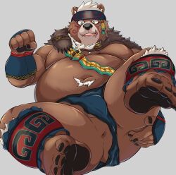 1boy 2023 anthro anus ass balls bear belly big_belly black_nose bottomwear bottomwear_aside bulge clothing clothing_aside fur furry genitals hi_res humanoid_hands kemono kimun_kamui_(tokyo_afterschool_summoners) lifewonders loincloth loincloth_aside male male_only mammal moobs navel overweight overweight_male simple_background solo syakekuro tokyo_afterschool_summoners