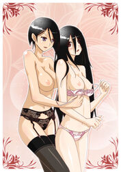 2girls arai_chie black_hair black_legwear black_panties black_thighhighs blush bra bra_pull breasts female garter_belt komori_kiri lingerie long_hair multiple_girls navel nipples panties pink_bra pink_panties sakebuotoko sayonara_zetsubou_sensei short_hair thighhighs topless underwear undressing very_long_hair yuri