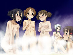 azusa's_friend azusa_nakano_(k-on!) black_hair blush breasts brown_hair censored convenient_bath_steam convenient_censoring double_bun female female_only flat_chest hair_ornament hairclip human human_only jun_suzuki_(k-on!) k-on! kotobuki_hajime mio_akiyama_(k-on!) multiple_females nude onsen ponytail short_twintails steam sweat tied_hair towel towel_on_head twintails ui_hirasawa_(k-on!)