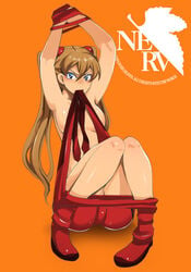 1girls asuka_langley_sohryu bodysuit brown_hair clothing female female_only human kosame_daizu mouth_hold neon_genesis_evangelion nerv nude pilot_suit plugsuit rebuild_of_evangelion small_breasts solo