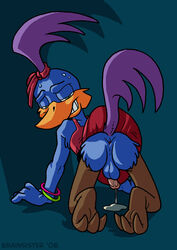 2008 all_fours anthro ass bird brainsister crossdressing cum loonatics_unleashed male male_only penis presenting rev_runner skirt smile soft_feathers solo tagme warner_brothers