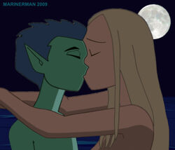 1boy 1girls 2009 beast_boy dc_comics female green_skin kissing male marinerman romantic straight straight_hair teen_titans terra terra_(dc)