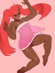 1boy 1femboy blush blushing combos-n-doodles crossdressing dark-skinned_femboy dark-skinned_male dark_skin doom femboy feminine_male girly imp-tan imp_(doom) lingerie male male_only otoko_no_ko pink_nightgown pink_panties pout pudgy_belly red_hair scar tagme transparent_clothing trap twintails