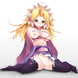 bare_shoulders blonde_hair blush breasts empress_sweet feet kankougou long_hair mogmog nipples panties sangokushi_taisen sitting tear thighhighs torn_clothes underwear white_panties yellow_eyes