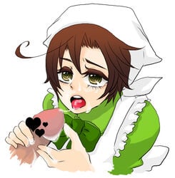 2boys after_oral artist_request axis_powers_hetalia brown_hair censored clothed clothing cum cum_in_mouth cum_on_face cum_on_tongue cum_trail femboy gay girly green_clothing lovino_vargas male_only medium_hair open_mouth romano_(hetalia) tagme tongue tongue_out yaoi