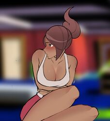 1girls asahina_aoi blue_eyes brown_hair cleavage danganronpa danganronpa_1 dark-skinned_female dark_skin kinjero large_breasts open_mouth sitting solo straight_hair