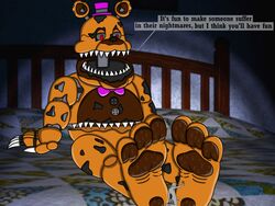 2018 3_toes 5_fingers ambiguous_gender animatronic anonymous anthro bald barefoot bed bed_covers bedding bedroom big_feet black_nose bodily_fluids bow_tie brown_body brown_ears brown_feet canon_appearance claws closed_eyes clothing cum cum_on_penis dialogue dialogue_box duo english_text faceless_character faceless_male feet fingers five_nights_at_freddy's five_nights_at_freddy's_4 flaccid foot_fetish foot_focus furniture genital_fluids genitals grey_body grey_penis grey_sclera grey_skin half-closed_eyes hand_on_feet hand_on_foot hat headgear headwear humanoid humanoid_genitalia humanoid_on_anthro humanoid_penis inside looking_down machine male male/ambiguous male/male mammal micro multicolored_body multicolored_ears multicolored_feet narrowed_eyes nightmare_fredbear_(fnaf) nude on_bed open_mouth orange_body orange_ears orange_feet pawpads paws penis precum raised_arm red_eyes robot sharp_claws sharp_teeth sitting size_difference smashcuenta123 stomach_mouth sweat sweaty_feet teeth text toes top_hat torn_body ursid video_games wire