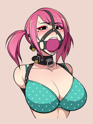 1girls armbinder arms_behind_back arms_tied_behind_back ball_gag bdsm bdsm_gear big_ball_gag black_eyes blue_bra blush blushing bondage bound bra breasts buckle choker cleavage collar collar_ring digital_drawing_(artwork) digital_media_(artwork) ear_piercing ear_piercings earrings gag gagged gaping green_bra harness_ball_gag harness_gag jam-orbital large_breasts leather leather_straps lock locked looking_at_viewer makeup mascara mole mole_under_eye monoglove padlock padlocked_collar pink_hair red_makeup simple_background sweatdrop sweating twintails