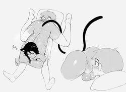 2boys 69 anus ass balls beastman catboy cheesecrumbles close-up femboy lying_on_person male male_only monochrome muscular muscular_male nekomimi nude perineum pillow priest_(cheesecrumbles) sketch sleeping thighhighs twink yaoi