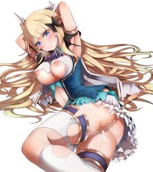 areolae armpits arms_behind_head ascot bangs black_bow blonde_hair blue_eyes blush bow breasts capelet clenched_teeth commentary_request cum cum_in_pussy dress elf eyebrows_visible_through_hair female frills gloves hair_ornament hairbow highres large_breasts long_hair looking_at_viewer multicolored multicolored_clothes multicolored_dress navel nipples overflow pointy_ears princess_connect! princess_connect!_re:dive pussy restrained saren_(princess_connect!) short_sleeves simple_background skindentation solo suisui_(hakkindou) sweat teeth thighhighs torn_clothes torn_dress very_long_hair white_background white_legwear