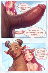 <3_eyes anthro antlers balls blush capreoline cervid comic cyancapsule dialogue duo english_text equid equine erection femboy genitals girly hair heart hi_res horn horse humanoid_genitalia humanoid_penis male male/male mammal moose nila_(cyancapsule) nipples nude original penis penis_awe pink_hair text tongue uncensored