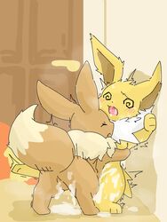 1boy 1girls 2021 absurd_res after_sex anus ass balls balls_deep bent_over blush bodily_fluids brown_fur canine claws closed_eyes cum cum_everywhere cum_in_ass cum_in_pussy cum_inside domination drooling eevee eeveelution erection excessive_cum feral feral_on_feral fluffy fluffy_tail fur genital_fluids genitals heart heart-shaped_pupils hi_res hugging jolteon looking_at_viewer looking_down male mammal nintendo nipples open_mouth pawpads paws pokemon pokemon_(species) pussy pussy_juice rape small_breasts smaller_male sweat tail tongue tongue_out video_games wet yatuki_000 yellow_fur