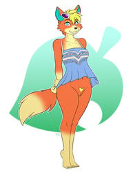 2021 alternate_breast_size animal_crossing anthro anthrofied audie_(animal_crossing) blonde_hair bottomless breasts canid canine canis clothed clothing conditional_dnp eyewear eyewear_on_head female fur furry furry_only genitals hair hi_res kadath mammal nintendo partially_clothed pubes pubic_hair pussy smile solo sunglasses sunglasses_on_head tail thick_thighs topwear video_games wolf