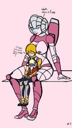 1boy 1girls 2d arcee arcee_(g1) between_breasts big_breasts blonde_hair blush breasts built-in_high_heels clothed clothed_male dialogue embarrassed enbiarts english_text female hasbro human human/robot male nipples oc robot robot_girl simple_background sitting size_difference straight text transformers transformers_g1