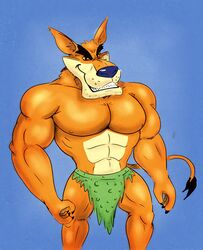 abs anthro big_muscles bottomwear claws crash_(series) fangs furry gay green_bottomwear larger_male male_only mammal muscle muscular_anthro muscular_male orange_fur pecs red_shoes smile solo_feral thylacine tiny_tiger video_games