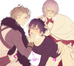 3boys ;) after_fellatio anal arrow_(symbol) bangs bishonen black_hair black_scarf black_shirt blonde_hair blush bottomless cape censored closed_mouth clothed_sex collarbone commentary_request cum cum_in_mouth cum_on_hands cum_on_tongue cum_string cum_while_penetrated curtis_valentini earrings erection eye_contact eyebrows_visible_through_hair facial fingernails fur_scarf galtia group_sex hair_between_eyes heart heart_censor jewelry laurus_vi_quarry light_purple_hair long_sleeves looking_at_another male_focus mashima_shima messy_hair mmm_threesome multiple_boys multiple_penises one_eye_closed open_mouth parted_lips penis penis_grab protagonist_(galtia) purple_eyes scarf sex shirt short_hair simple_background skinny smile sweat threesome tongue tongue_out torso_grab translation_request upper_teeth white_background white_cape yaoi