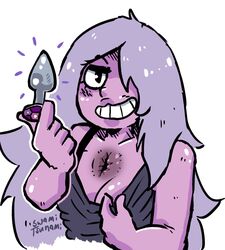 1girls amethyst_(steven_universe) anus buttplug cleavage grin hole_(anatomy) long_hair looking_at_viewer onioning presenting purple_skin sex_toy solo steven_universe swamimen what