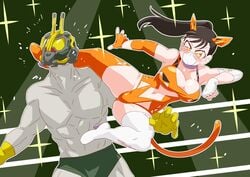 1boy 1boy1girl 1girls abbadon animal_ears armband big_breasts black_hair bodysuit cat_ears face_mask facemask fight fighting fighting_ring gloves green_background green_underwear grey_skin kamen_rider kamen_rider_zero-one_(series) kick kicking long_hair muscle muscles muscular muscular_male orange_bodysuit orange_eyes orange_gloves otokam1117 robot robot_humanoid robotic spotlight tail thick_thighs thigh_highs thighhighs thighs tied_hair underwear white_glove white_thigh_highs white_thighhighs wrestling wrestling_femdom wrestling_move wrestling_outfit wrestling_ring yellow_gloves yua_yaiba