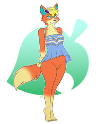 2021 alternate_breast_size animal_crossing anthro anthrofied audie_(animal_crossing) blonde_hair bottomless breasts canid canine canis clothed clothing conditional_dnp eyewear eyewear_on_head female fur furry furry_only genitals hair hi_res kadath mammal nintendo partially_clothed pussy smile solo sunglasses sunglasses_on_head tail thick_thighs topwear video_games wolf